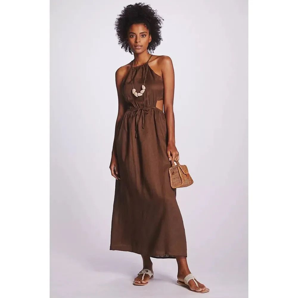 Anthropologie Faithfull Halter Cutout Linen Midi Dress $339